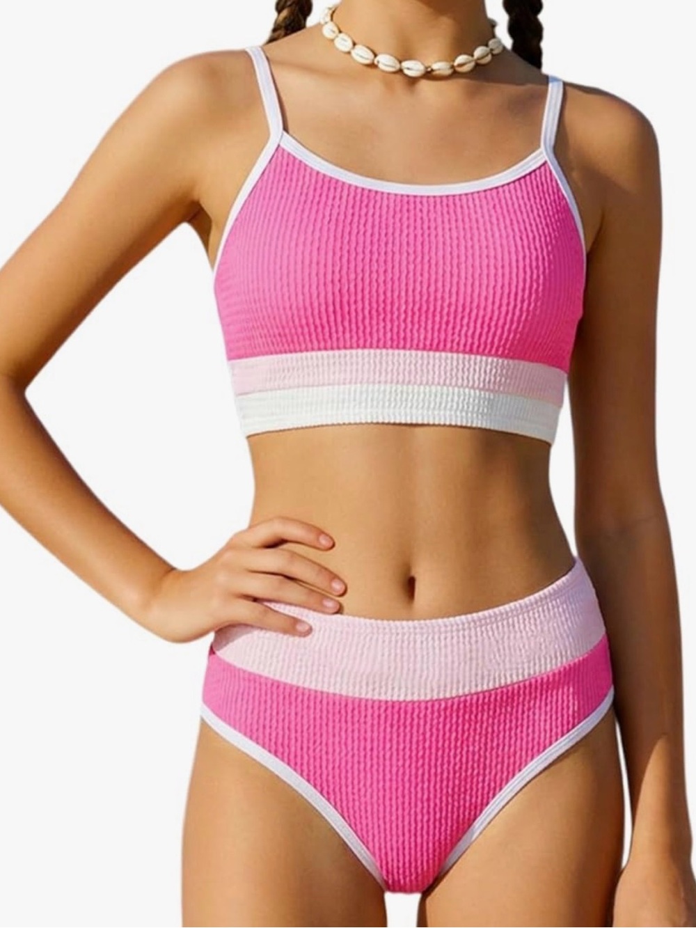 BRAND NEW Pink Ribbed Two-Piece High-Waist Swimsuit Bikini - 15/16